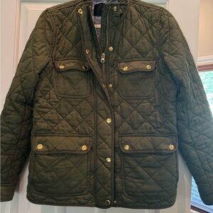 JCrew Quilted Green Barn Jacket with Gold Accents